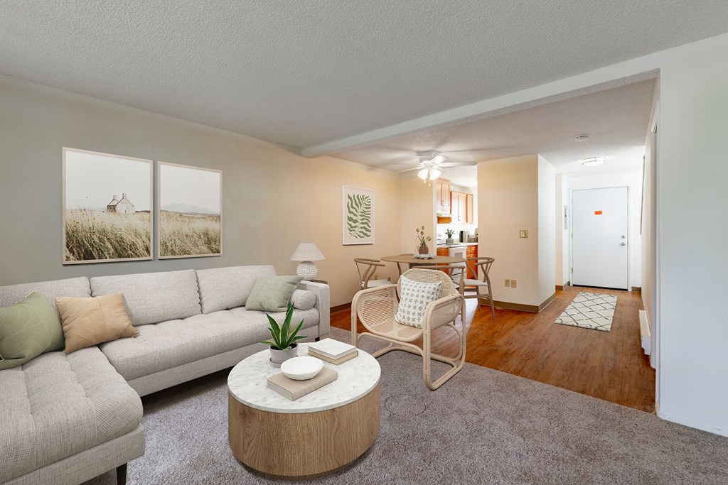 A living room with a grey couch, a white coffee table, and a grey rug.