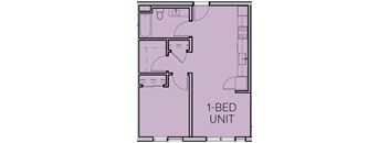 A 1-bedroom apartment layout with a kitchen, living room, and bathroom.