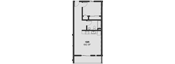 A floor plan of a 1 bedroom, 692 square foot apartment.