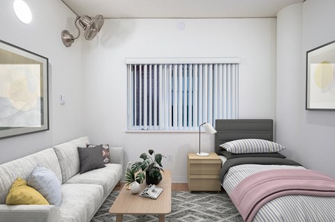 a bedroom with a bed and couch