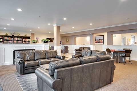 A living room with a grey sofa and a black leather couch.
