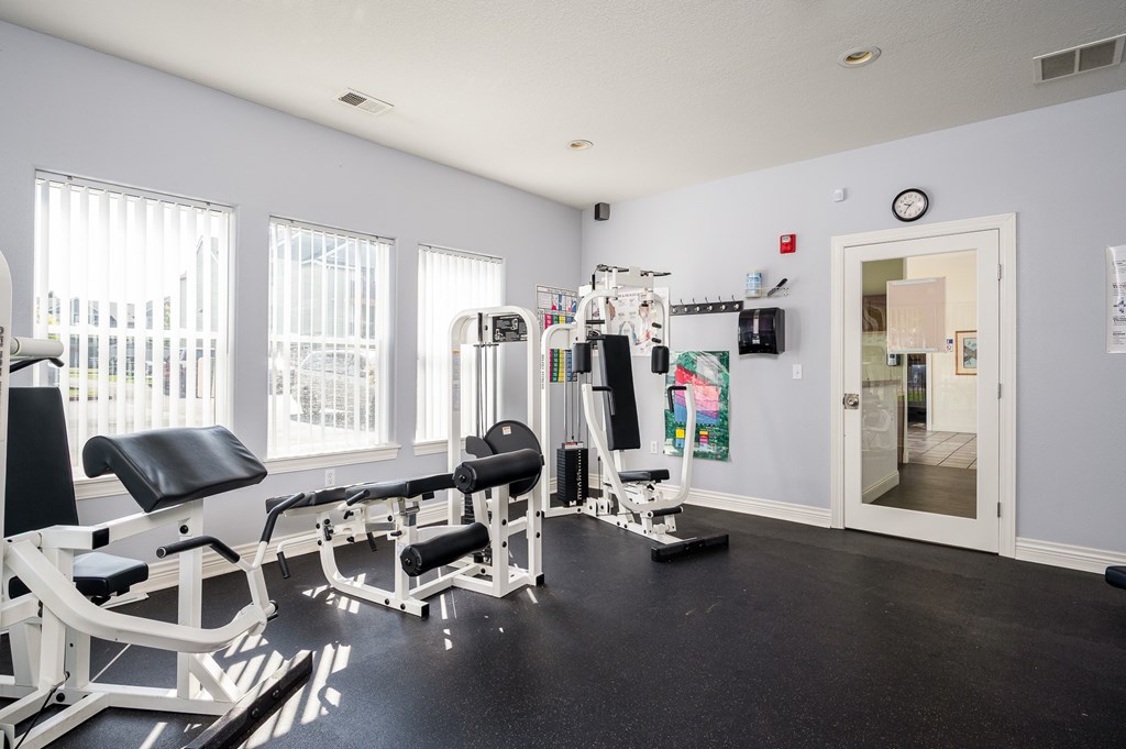 A gym with a variety of equipment including a weight bench, a leg press machine, and a treadmill.