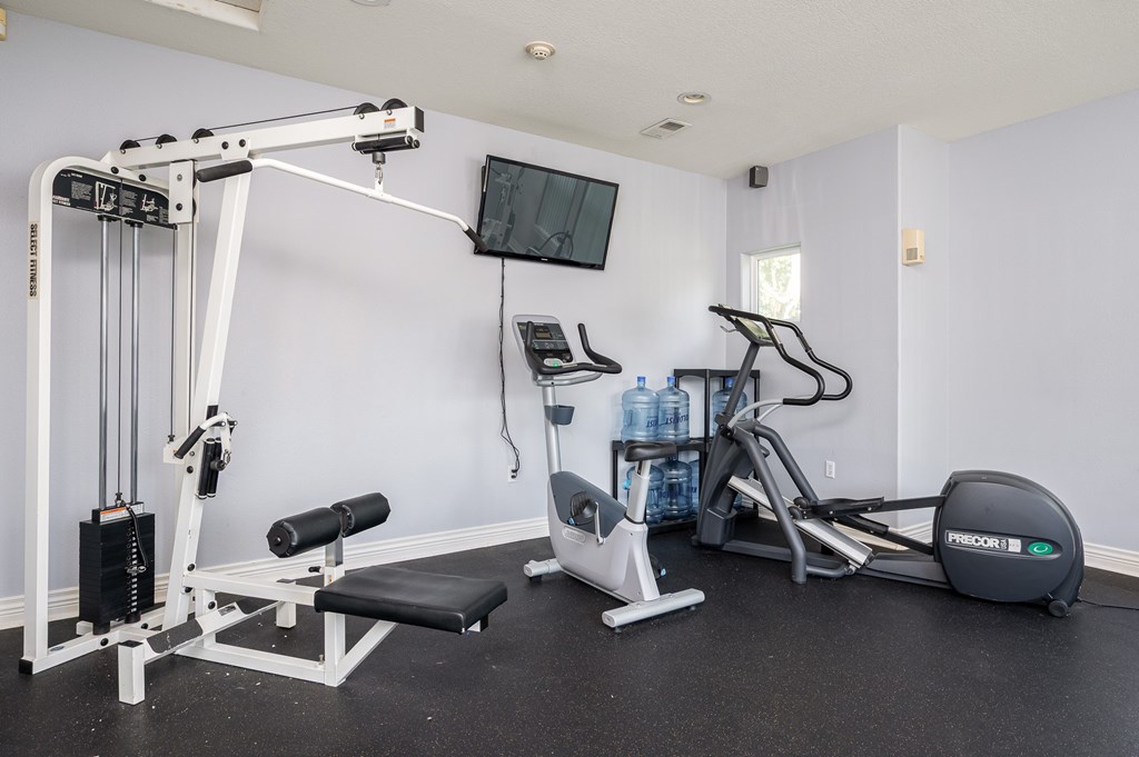 A home gym with a variety of equipment including a weight bench, a treadmill, and a television.