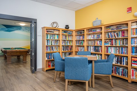 A room with a pool table and a bookshelf filled with books.