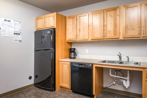 a kitchen with a sink and refrigerator and wooden cabinets