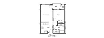 A floor plan of a living space with a kitchen, dining room, bedroom, and laundry.