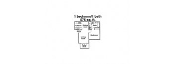 A diagram of a small apartment layout with a living room, kitchen, bath, bedroom, and patio.