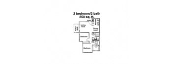 A diagram of a 2 bedroom/2 bath house plan.