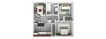 A top down view of a small apartment with a bed, a kitchen, and a bathroom.