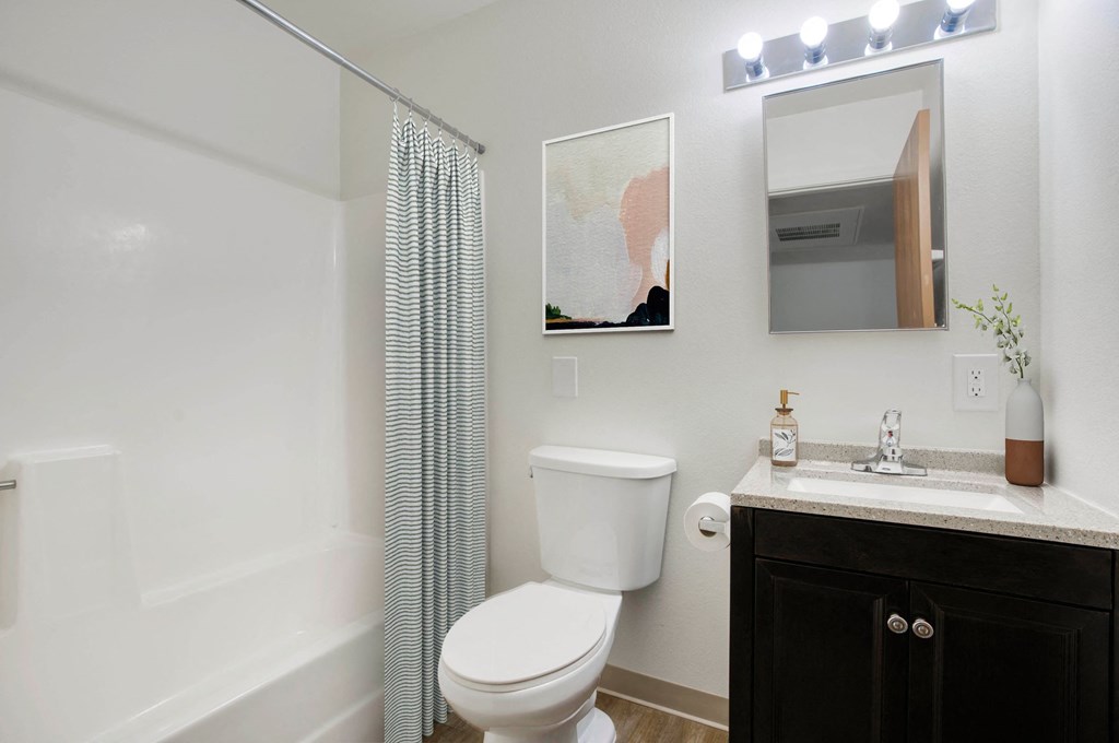 a bathroom with a toilet sink and shower and a mirror