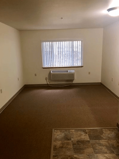 an empty room with a window and a rug