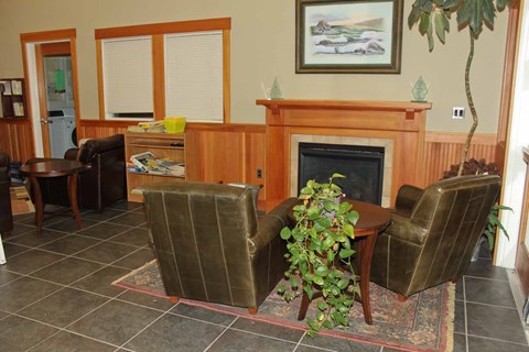 A living room with a fireplace and two chairs.