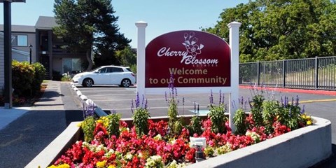 Cherry Blossom Community sign in front of a building.