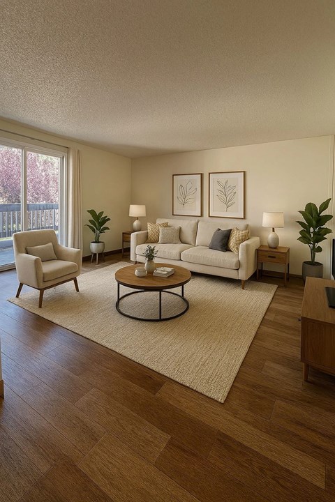 A living room with a white couch, a coffee table, and a rug.