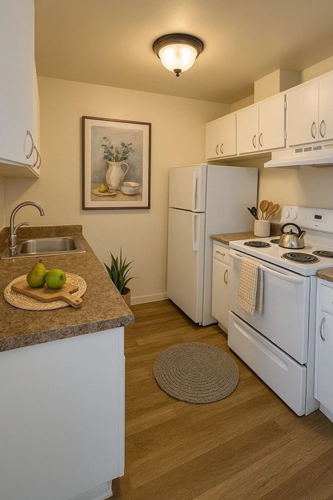 A kitchen with a white refrigerator, white oven, and a brown rug on the floor.