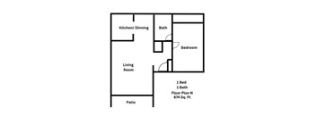 A floor plan of a small apartment with a kitchen, living room, bedroom and bathroom.