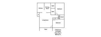 A floor plan of a living space with a kitchen, dining room, two bedrooms, a bathroom and a closet.