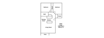 A drawing of a house layout with two bedrooms, a living room, a kitchen, a bath, a patio, and a closet.