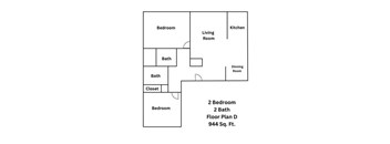 A floor plan of a 2 bedroom apartment with 2 bathrooms.