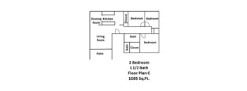 A floor plan of a 3 bedroom apartment with 1 1/2 baths.