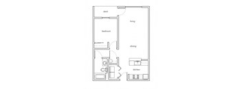 A floor plan of a small apartment with a bedroom, a kitchen, and a dining area.
