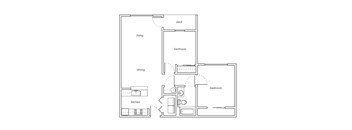 A floor plan of a small apartment with a kitchen, living room, dining room, and two bedrooms.