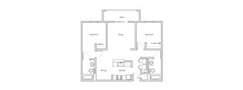 A floor plan of a house with a dining area, kitchen, two bedrooms, and a living room.