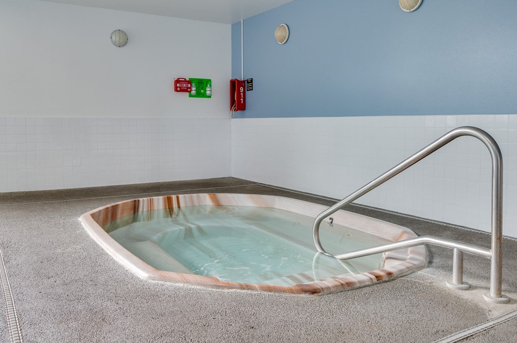 a whirlpool tub with a handrail in a public restroom