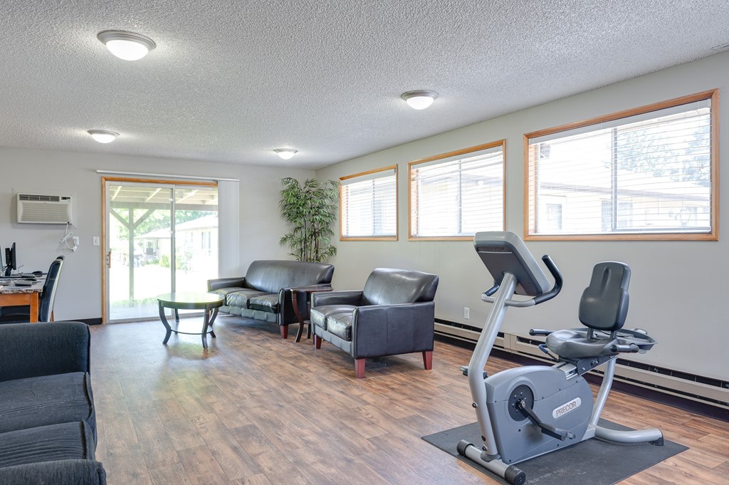 A room with a treadmill and a couch.