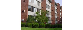 A red brick building with white trim and a tree in front.
