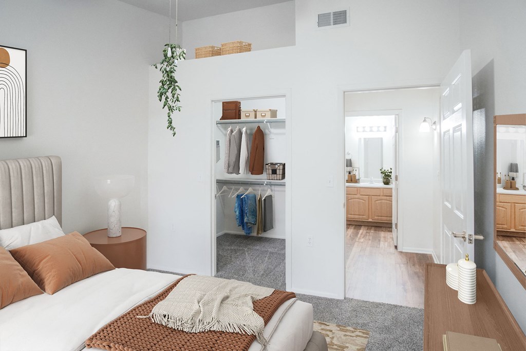 a bedroom with a bed and a closet