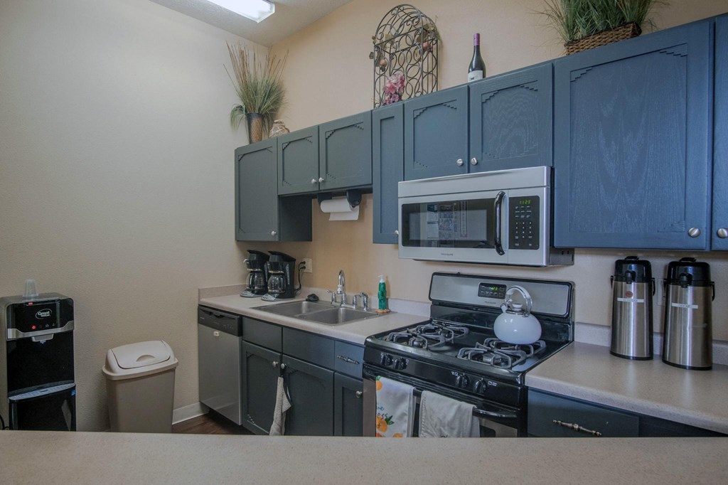 a kitchen with blue cabinets and stainless steel appliances and a sink