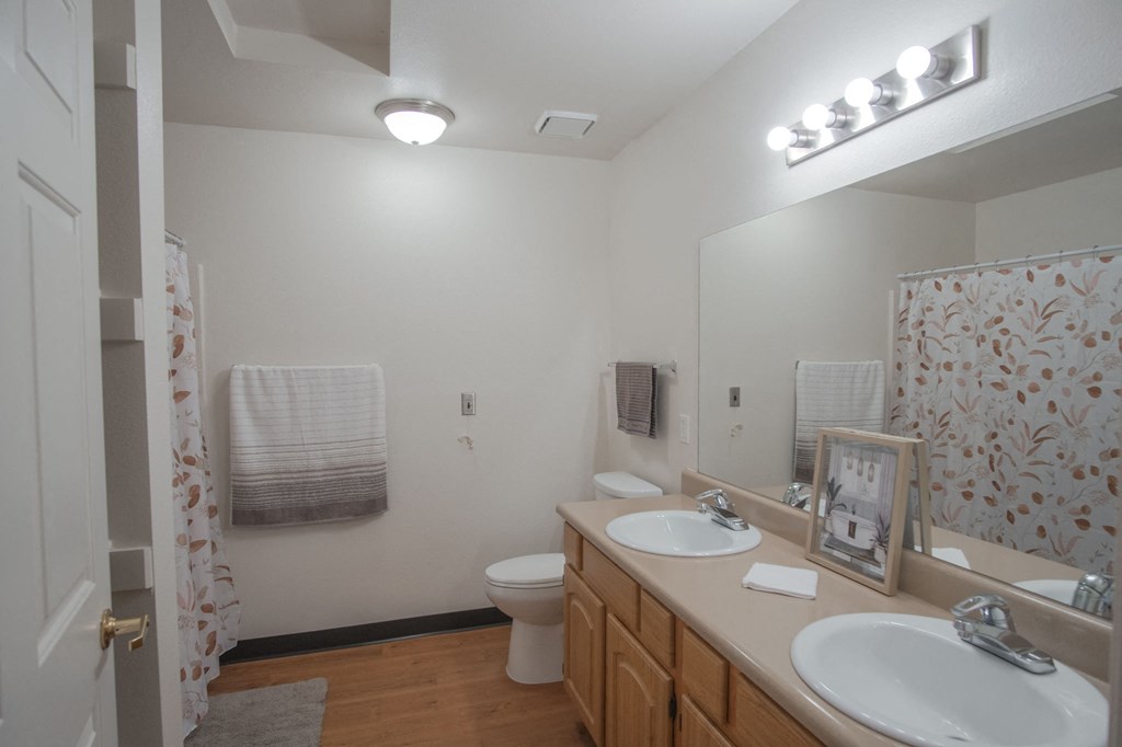 a bathroom with two sinks and a shower and a toilet