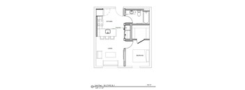 A floor plan of a 1B type B unit with a kitchen, pantry, living room, and bedroom.