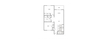 A black and white floor plan of a house with a living room, dining room, kitchen, and two bedrooms.
