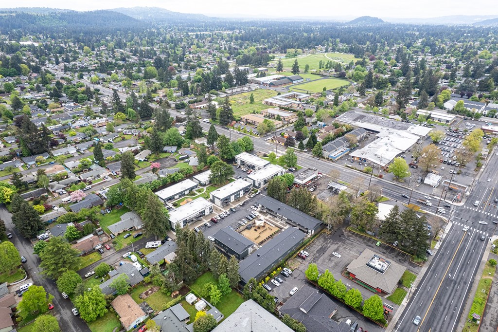A bird's eye view of a city with a large building in the center.