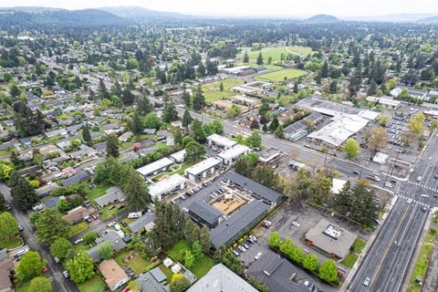 A bird's eye view of a city with a large building in the center.