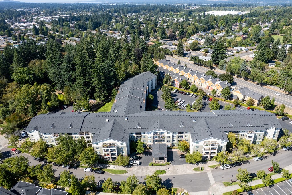 A large building with a grey roof is surrounded by trees and other buildings.