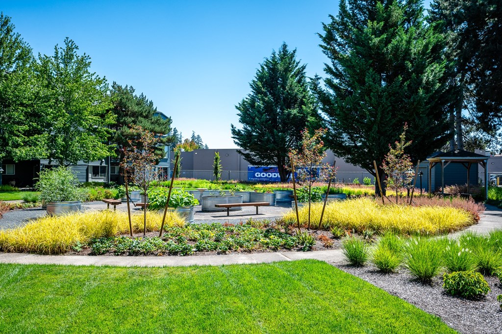 a garden with benches and trees in front of a building
