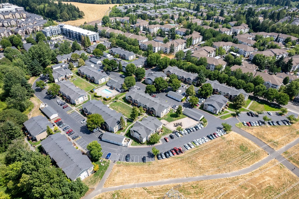 A bird's eye view of a residential area with houses and parked cars.
