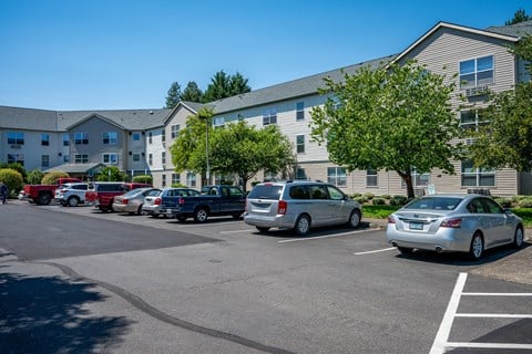 A parking lot with cars and a building in the background.