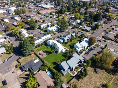 A bird's eye view of a residential area with houses and trees.