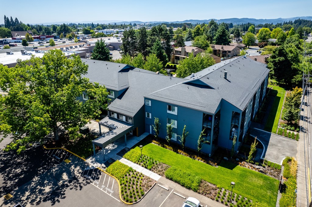 a blue house with a gray roof and a green lawn