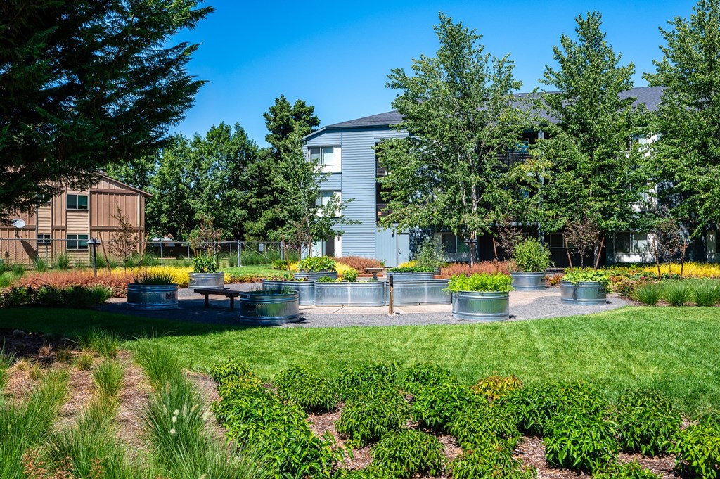 the preserve at ballantyne commons community garden with benches and trees