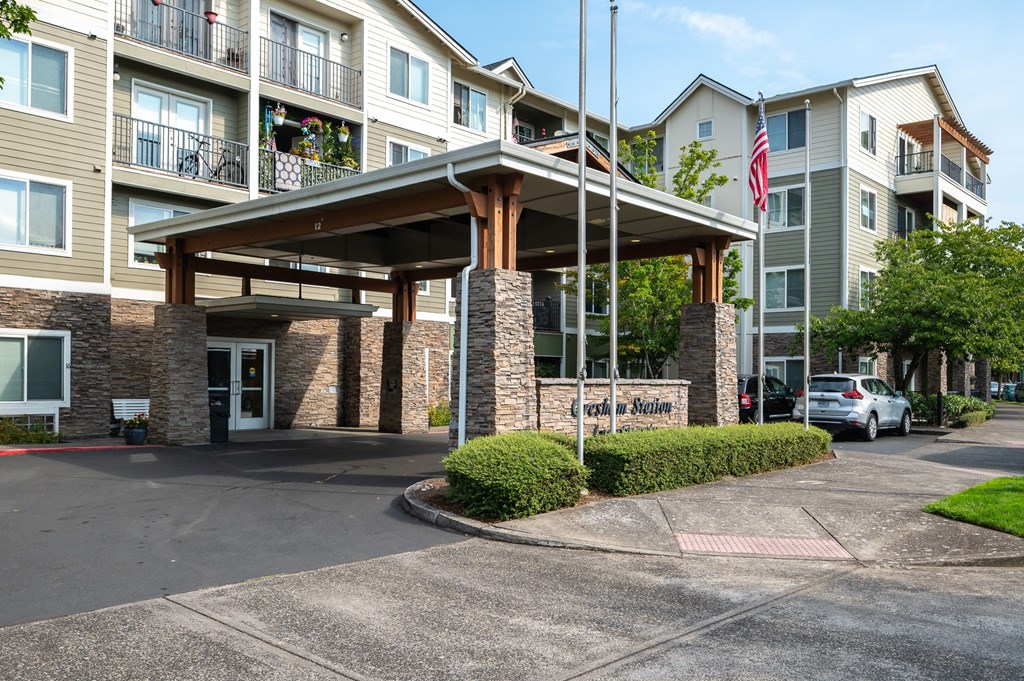 The entrance to a building with a sign that reads "Crest Station.".