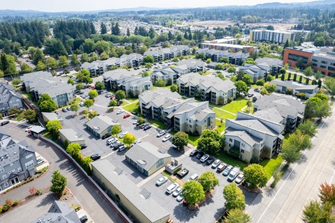 A bird's eye view of a residential area with houses and cars.