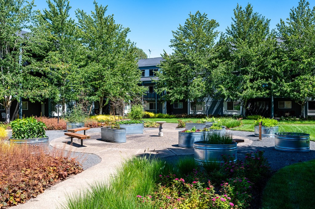 a courtyard with benches and trees in front of a building