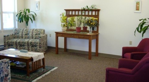 A living room with a sofa, a table with flowers, and two chairs.