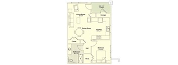 A floor plan of a small apartment with a living room, dining room, kitchen, bedroom, bathroom, and storage space.