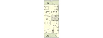 A floor plan of a house with two bedrooms, a living room, a dining room, a kitchen, a bathroom, a hall, a porch, a storage area, and a closet.